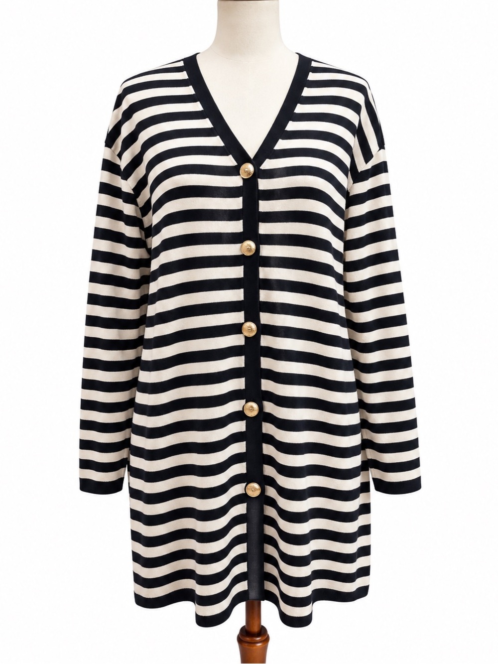 Chaus Black Cream Striped Sweater 100% Silk Oversized Cardigan Gold Buttons